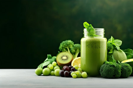 Glass jar mugs with green health smoothie, kale leaves, lime, apple, kiwi, grapes, banana, avocado, lettuce. Copy space. Raw, vegan, vegetarian, alkaline food concept. Banner. generative AI.の素材