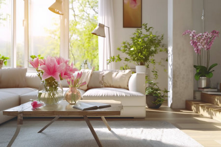 3d rendering. modern living room in townhouse. generative AI.の素材