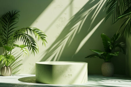 Minimal abstract podium green background for product presentation. Tropical leaf shadow on plaster wall. 3d render. Spring and summer. generative AI.の素材