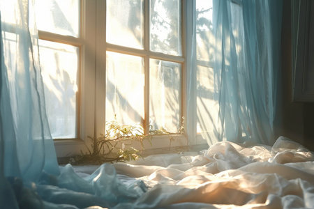 wind blows through the open window in the room. Waving white tulle near the window. Morning sun illuminates the room, shadow background overlays. generative AI.の素材