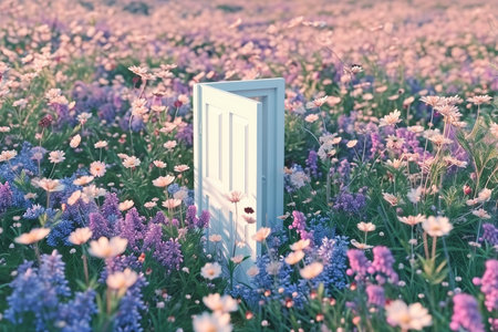 Abstract flower field scene. 3d rendering. Spring background. generative AI.の素材