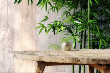 3D render background for natural beauty health products overlay display template. Blank empty oak wood table with green bamboo plants, wooden wall. Podium, Stand. generative AI.の素材