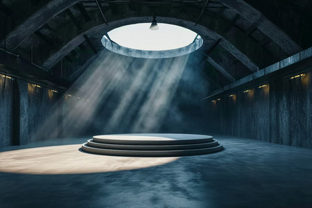 Perspective view dark smokey garage interior with spotlight and round pedestal on concrete floor, product presentation background and empty stage concept. 3D rendering, mockup. generative AI.の素材