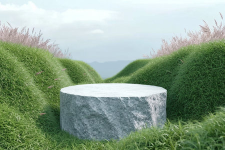 3d render platform and Natural podium background on the mountain grass field, cloud and sky for product stand display advertising cosmetic beauty products or skincare. generative AI.の素材