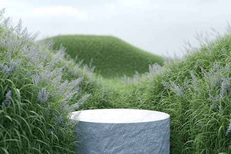 3d render platform and Natural podium background on the mountain grass field, cloud and sky for product stand display advertising cosmetic beauty products or skincare. generative AI.の素材