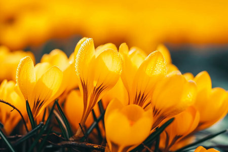 Yellow crocuses in the early spring. High quality photo. generative AI.の素材