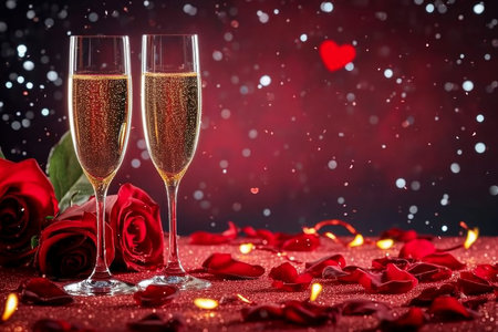 Valentines day background with champagne glasses and red roses. generative AI.の素材