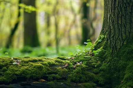 Old overgrown mossy tree trunk in forest, abstract natural green background. beautiful landscape. spring or summer season. display for product. template for design. long banner. generative AI.の素材
