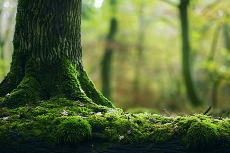 Old overgrown mossy tree trunk in forest, abstract natural green background. beautiful landscape. spring or summer season. display for product. template for design. long banner. generative AI.の素材
