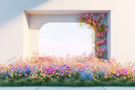 Spring floral installation scene with geometric arch form. 3d rendering. generative AI.の素材