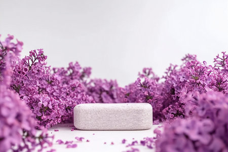 Cosmetics skin care product presentation scene and display made with pumice stone podium and lilac flowers. Studio photography. generative AI.の素材