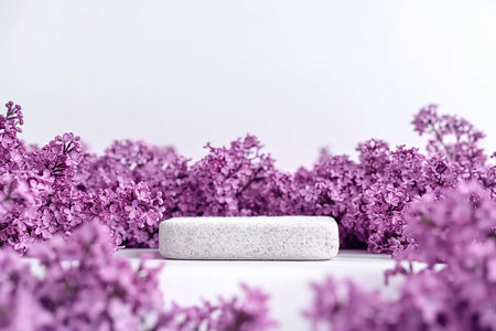 Cosmetics skin care product presentation scene and display made with pumice stone podium and lilac flowers. Studio photography. generative AI.の素材