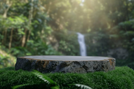 A round carved slab of wood lies on the branches of spruce, pine, a stand for an object, a podium for cosmetics. Beautiful bokeh of juicy greenery. High quality photo. generative AI.