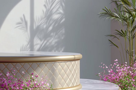 Abstact 3d render spring scene and Natural podium background, White stone podium on the colorful flowers and grass field backdrop three arch doors for product display. generative AI.の素材