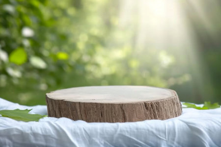 A round cut of a tree, a pedestal for an object, a podium for cosmetics on a white fabric. Summer sunshine, against the background of lush green leaves. High quality photo. generative AI.の素材