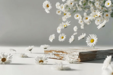 3D background, wood podium display. White daisy flower falling. Cosmetic or beauty product promotion step, pedestal on bright backdrop. Chamomile Spring backdrop. generative AI.の素材