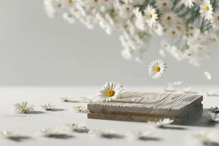 3D background, wood podium display. White daisy flower falling. Cosmetic or beauty product promotion step, pedestal on bright backdrop. Chamomile Spring backdrop. generative AI.の素材