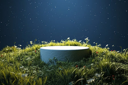 Abstact 3d render Natural background, Stone podium on the grass field, backdrop the stars that shine in the night sky for product display, advertising, cosmetic or etc. generative AI.の素材