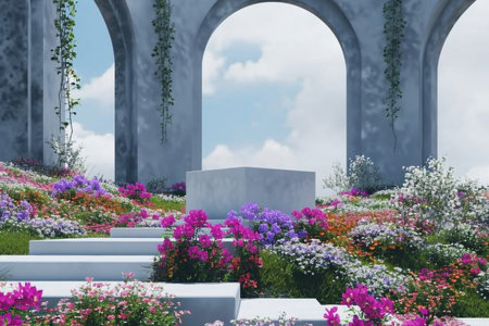Abstact 3d render spring scene and Natural podium background, White stone podium on the colorful flowers and grass field backdrop three arch doors for product display advertising. generative AI.の素材