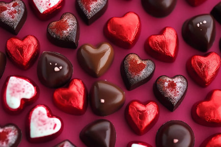 Valentines Day chocolate background. Red heart theme. Top down view. generative AI.の素材