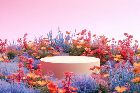 3d render platform and Natural podium background on colorful flows field for product display, Blank showcase, mock up template or cosmetic presentation with empty round stage. generative AI.の素材