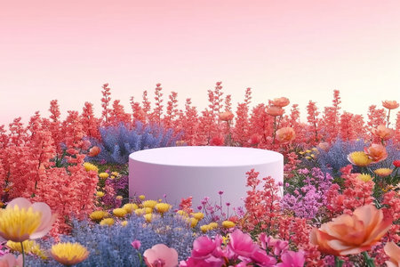 3d render platform and Natural podium background on colorful flows field for product display, Blank showcase, mock up template or cosmetic presentation with empty round stage. generative AI.の素材