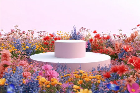 3d render platform and Natural podium background on colorful flows field for product display, Blank showcase, mock up template or cosmetic presentation with empty round stage. generative AI.の素材