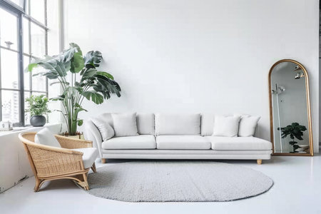 Modern, white minimalist interior. Modern interior design for posters in the living room layout with a white sofa with space to copy. High quality photo. generative AI.の素材