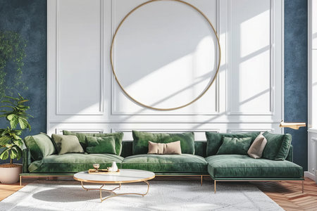 Stylish living room interior of modern apartment and trendy furniture, plants and elegant accessories. Home decor. Template, 3D render, 3D illustration. generative AI.の素材