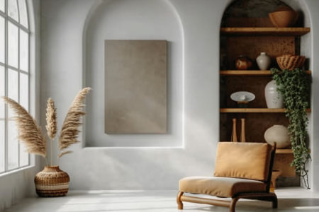 Canvas mockup in minimalist interior background with armchair and rustic decor, 3d render. generative AI.の素材