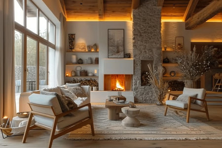 cozy warm home interior of a chic country house with an open plan, wood finishes, warm colors and a family hearth. view of the recreation area for family and guests. generative AI.の素材