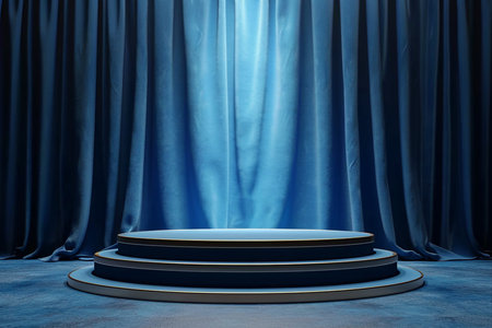 3d podium blue background and fabric curtain with spotlight luxury. generative AI.の素材