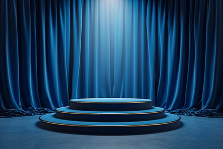 3d podium blue background and fabric curtain with spotlight luxury. generative AI.の素材