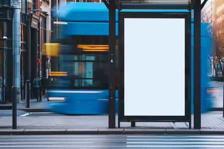 Blank white Mock up Media Advertisement at bus stop City street. generative AI.の素材