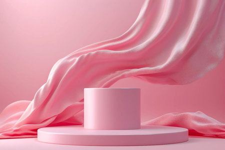 Pink fashion fabric cosmetic podium presentation stand on minimal product display 3d background with abstract luxury beauty cloth backdrop or advertising show stage pedestal. generative AI.の素材