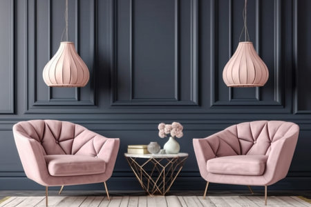 Pastel interior in classic style with soft armchairs and lamps. 3d rendering. generative AI.の素材