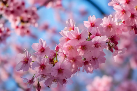 Selective focus of beautiful branches of pink Cherry blossoms on the tree under blue sky, Beautiful Sakura flowers during spring season in the park, Flora pattern texture. generative AI.の素材