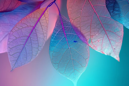 Macro leaves background texture blue, turquoise, pink color. Transparent skeleton leaves. Bright expressive colorful beautiful artistic image of nature. generative AI.の素材