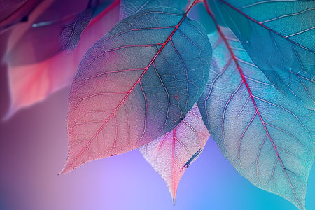 Macro leaves background texture blue, turquoise, pink color. Transparent skeleton leaves. Bright expressive colorful beautiful artistic image of nature. generative AI.の素材
