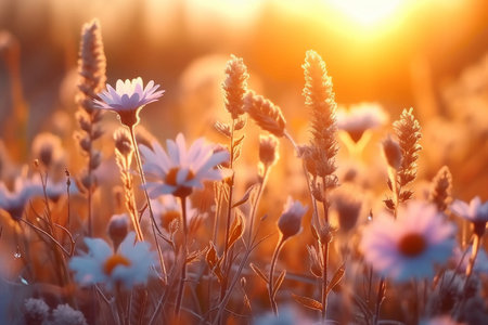 meadow flowers in early sunny fresh morning. Vintage autumn landscape background. colorful beautiful fall flowers magical. generative AI.の素材