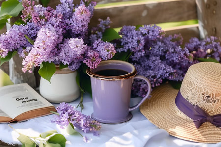 The postcard is beautiful. A fancy purple coffee mug, an old book, a straw hat and a bouquet of purple lilac. Beautiful still life. Spring time. generative AI.の素材