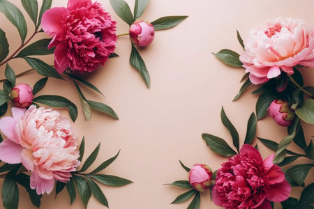 Frame of beautiful peonies on beige background. Mother's day or other holiday background. generative AI.の素材