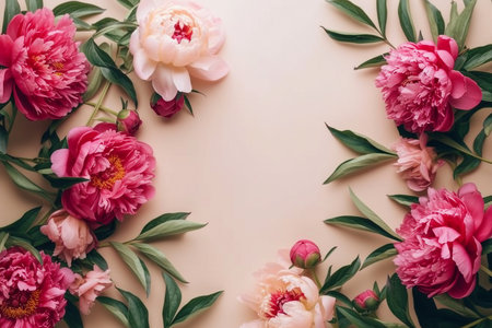 Frame of beautiful peonies on beige background. Mother's day or other holiday background. generative AI.の素材