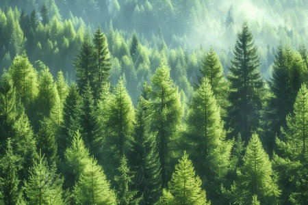 Old growth forest of healthy green spruce, fir and pine trees. generative AI.の素材