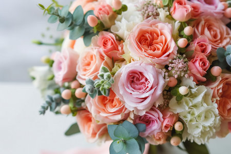 Wedding flowers, bridal bouquet closeup. Decoration made of roses, peonies and decorative plants, close-up, selective focus, nobody, objects. generative AI.の素材