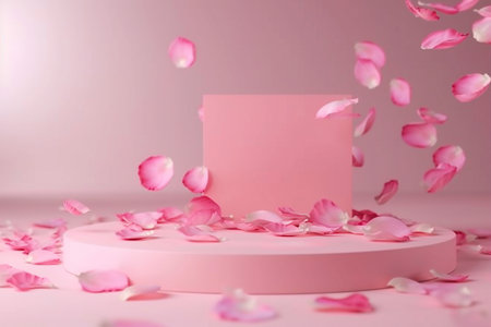 Pink product podium placement on solid background with rose petals falling. Luxury premium beauty, fashion, cosmetic and spa gift stand presentation. Valentine day present showcase. generative AI.の素材