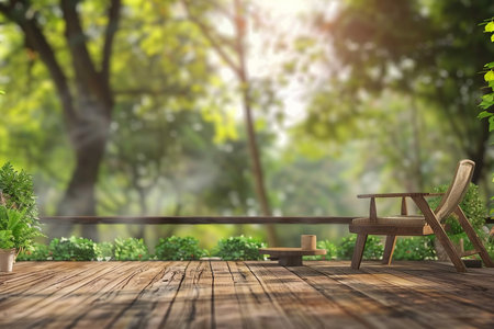 Wood terrace in the garden at morning time 3D rendering image, There is a wooden floor, wood Chair, garden background with blur. generative AIの素材