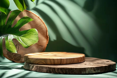 Wooden podium with leaves and shadows. Realistic wood platform for product presentation. Minimal nature scene with pedestal mockup. cosmetic display or award ceremony. generative AI.の素材