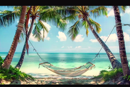 Beautiful beach. Hammock between two palm trees on the beach. Holiday and vacation concept. generative AI.の素材