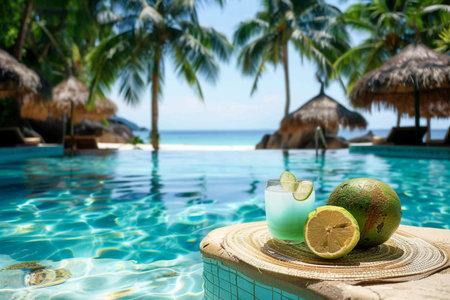 pool with artificial beach and tropical ocean. generative AI.の素材